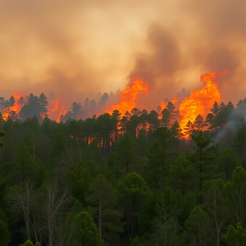 Visual of a wildfire raging in South Carolina forest area