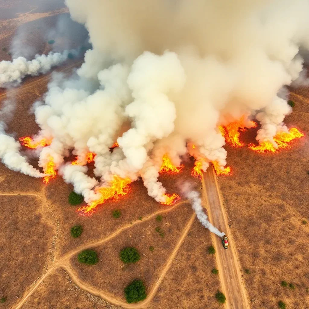 Aerial view of wildfires in South Carolina with smoke and flames