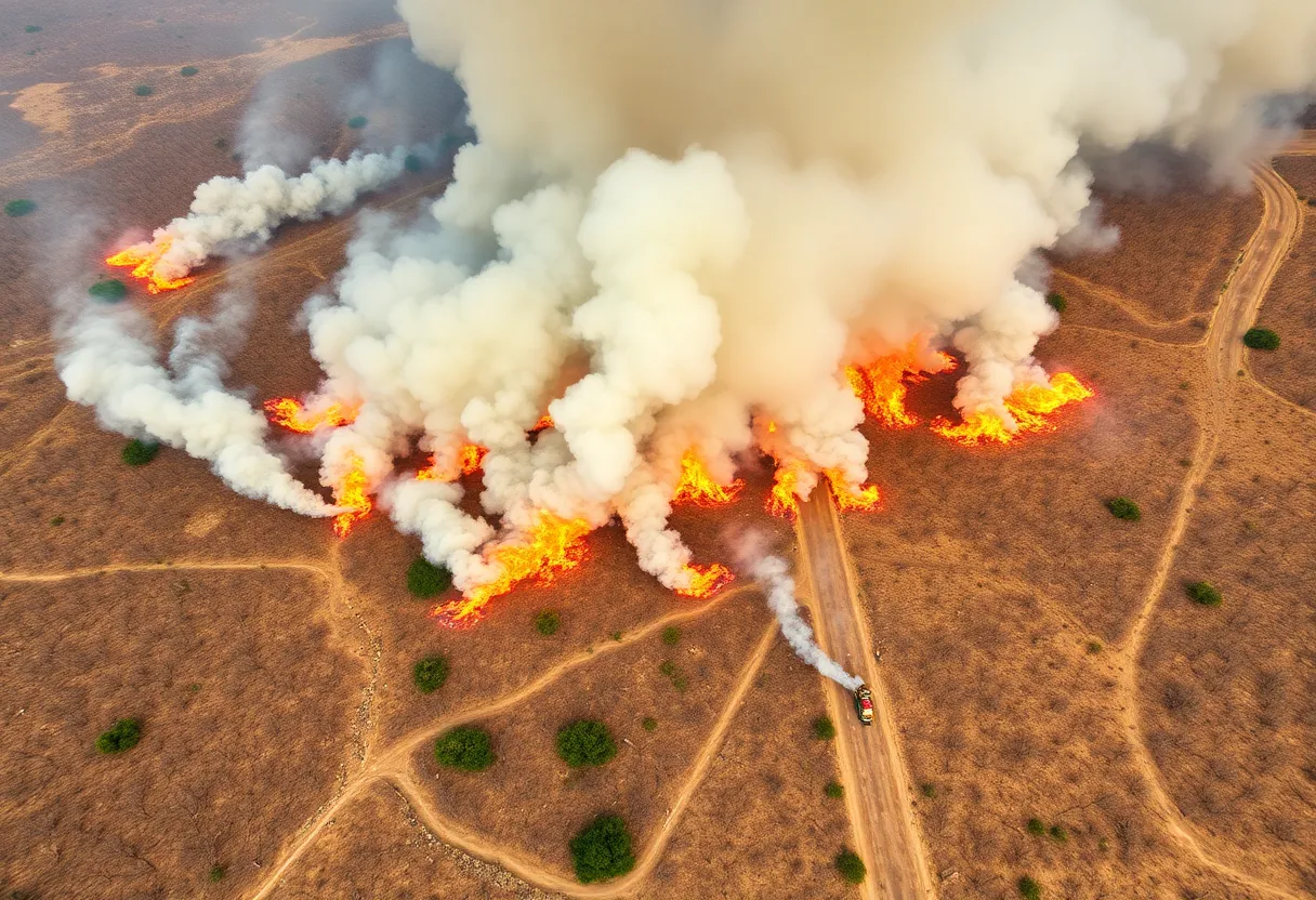 Aerial view of wildfires in South Carolina with smoke and flames
