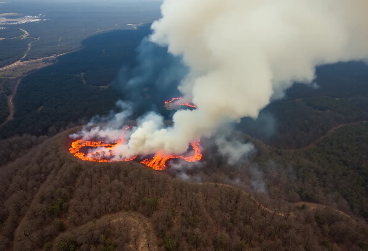Wildfires burning in South Carolina forest with smoke and flames