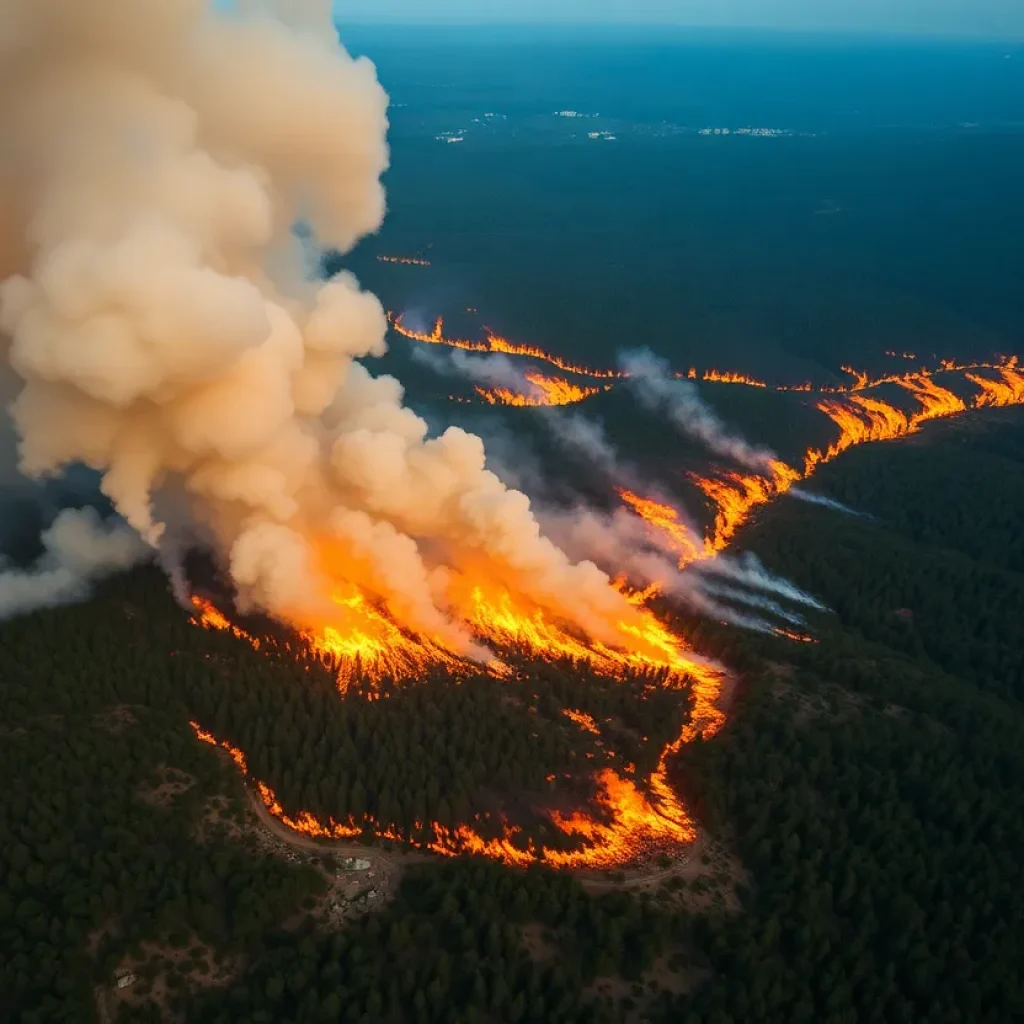 Aerial view of raging wildfires in South Carolina with smoke and firefighting efforts visible.