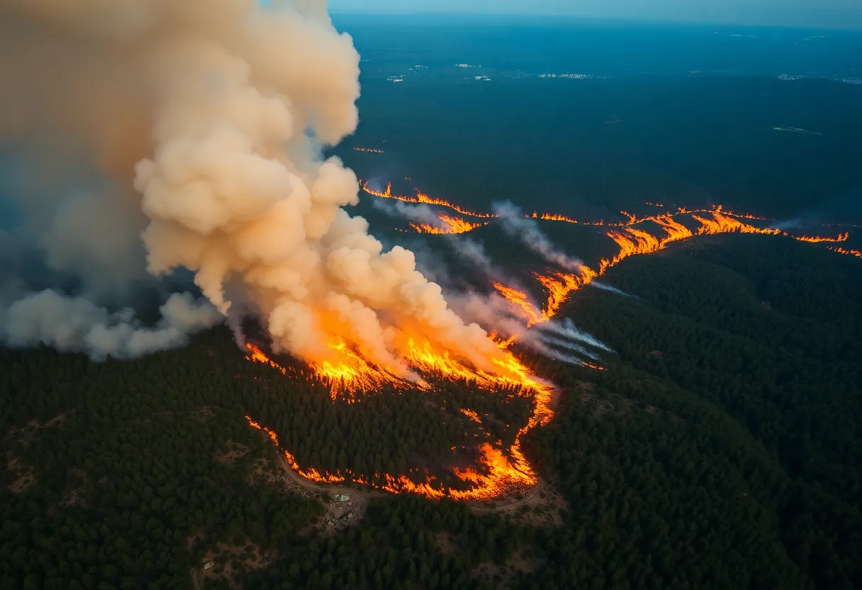 Aerial view of raging wildfires in South Carolina with smoke and firefighting efforts visible.
