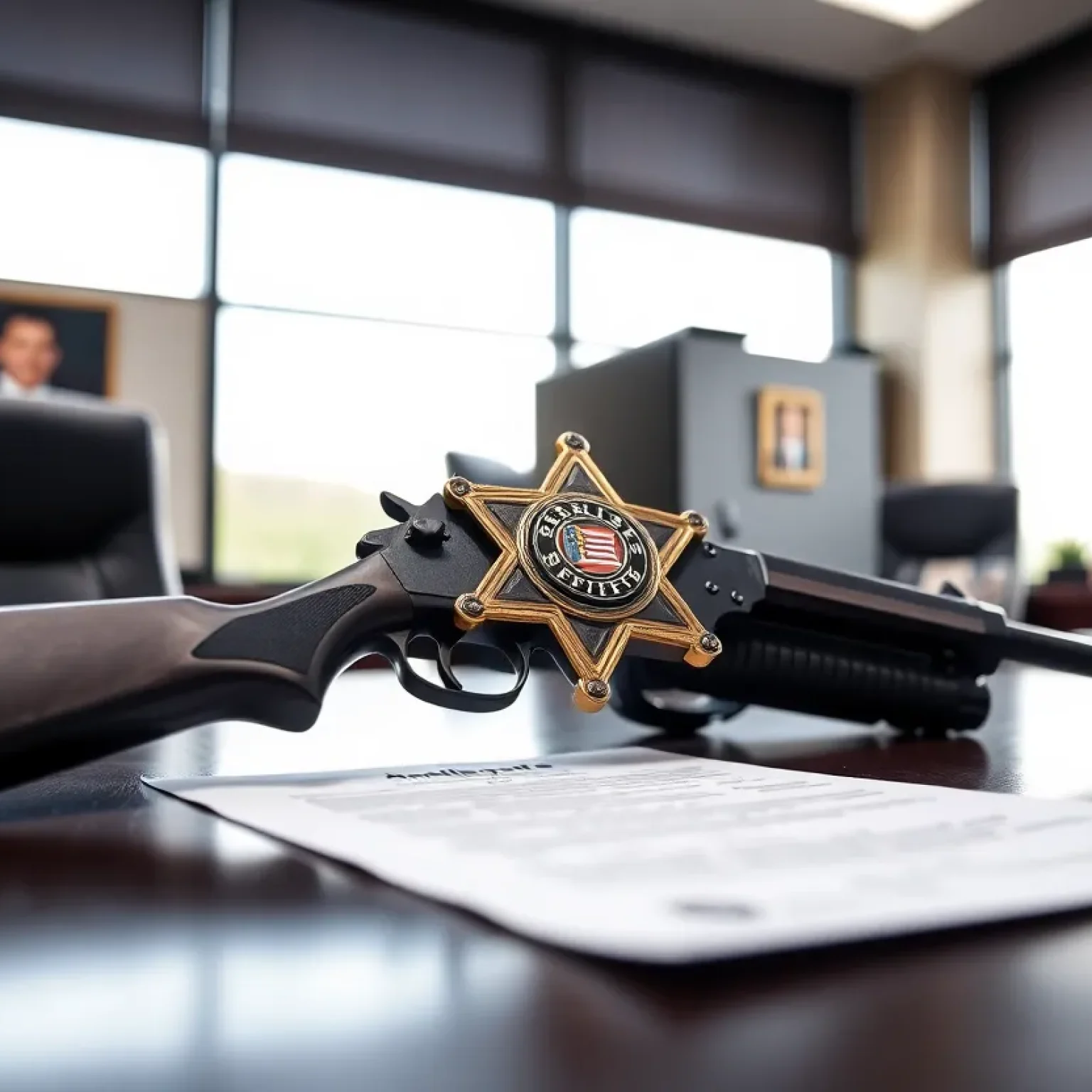 A sheriff's badge and weapon on a desk representing a resignation