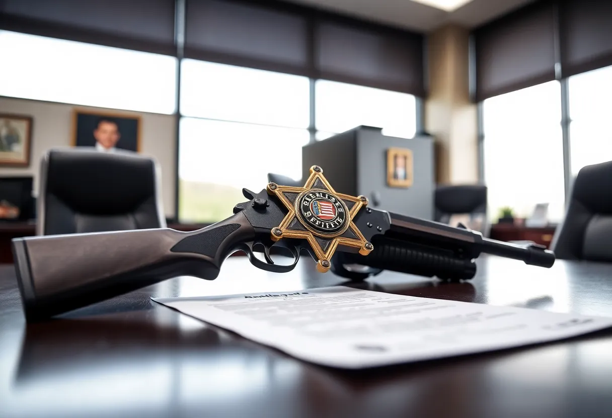 A sheriff's badge and weapon on a desk representing a resignation