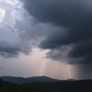 Dark clouds and lightning over Western North Carolina landscape