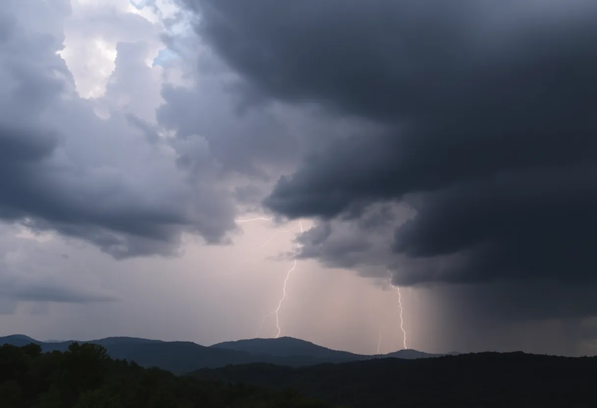 Dark clouds and lightning over Western North Carolina landscape
