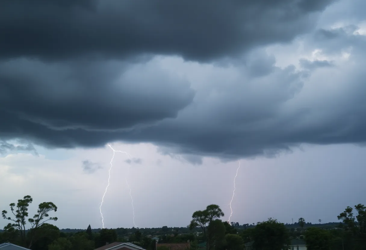 Dark storm clouds with lightning over a town