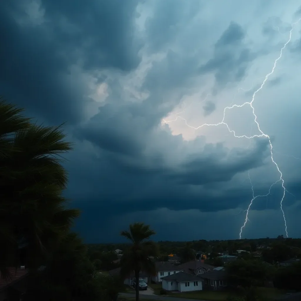 Dark storm clouds and lightning over a small town