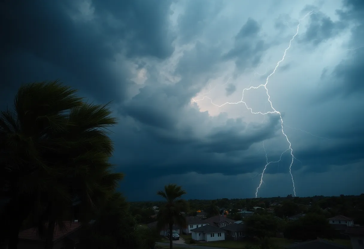 Dark storm clouds and lightning over a small town