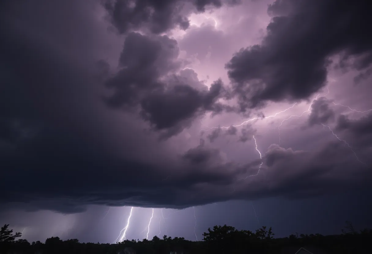 Dark storm clouds over Greenwood County with lightning