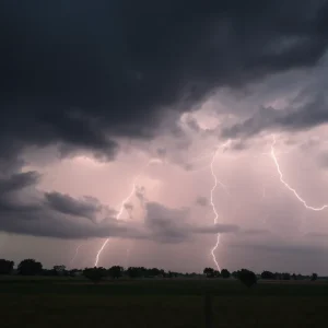 Dramatic thunderstorm clouds over a rural area