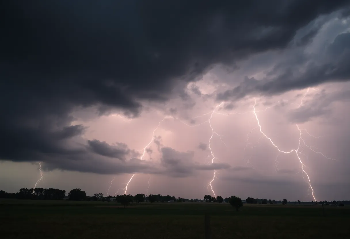 Dramatic thunderstorm clouds over a rural area