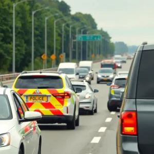 Police cars blocking I-85 following a bomb threat incident