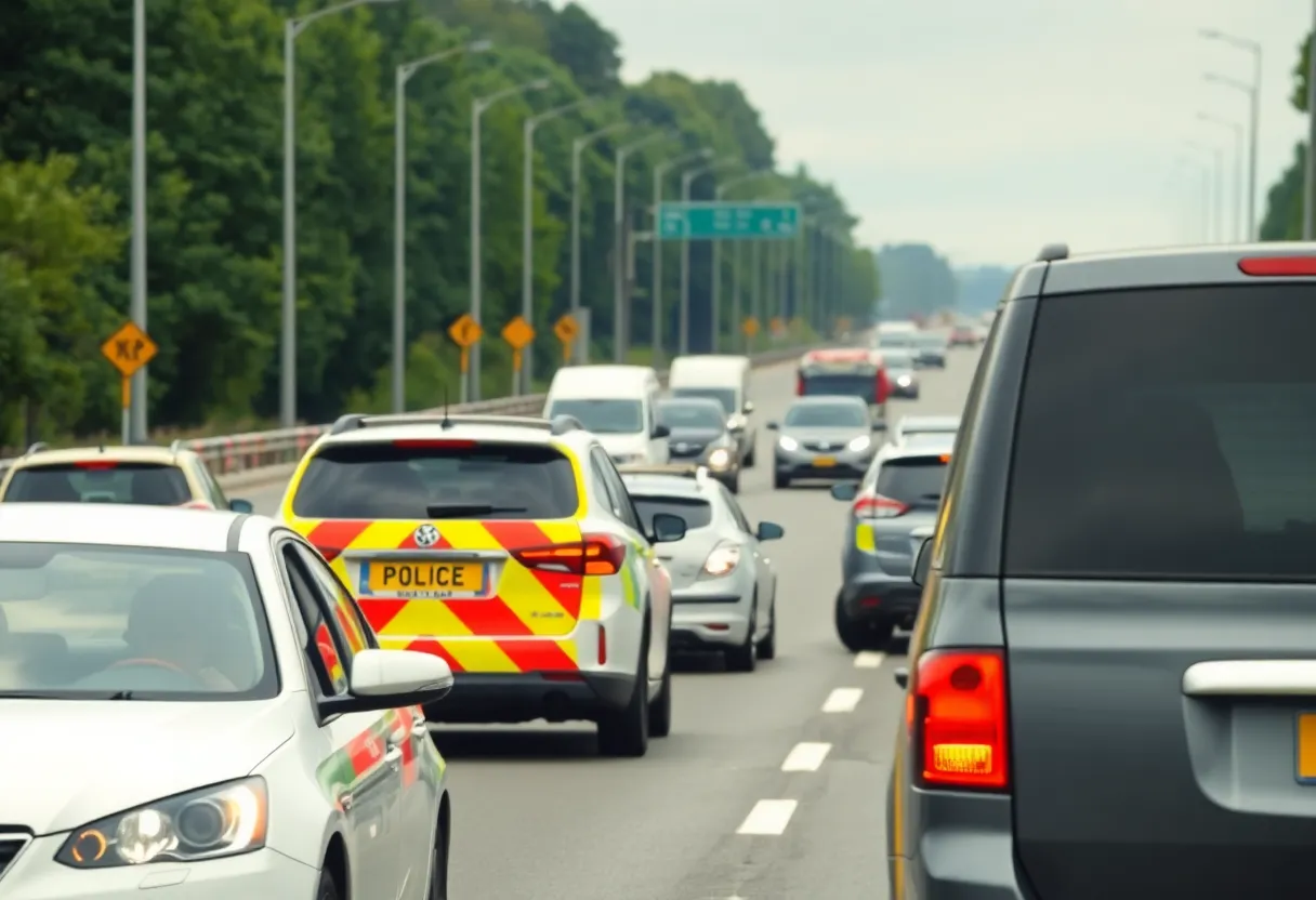 Police cars blocking I-85 following a bomb threat incident