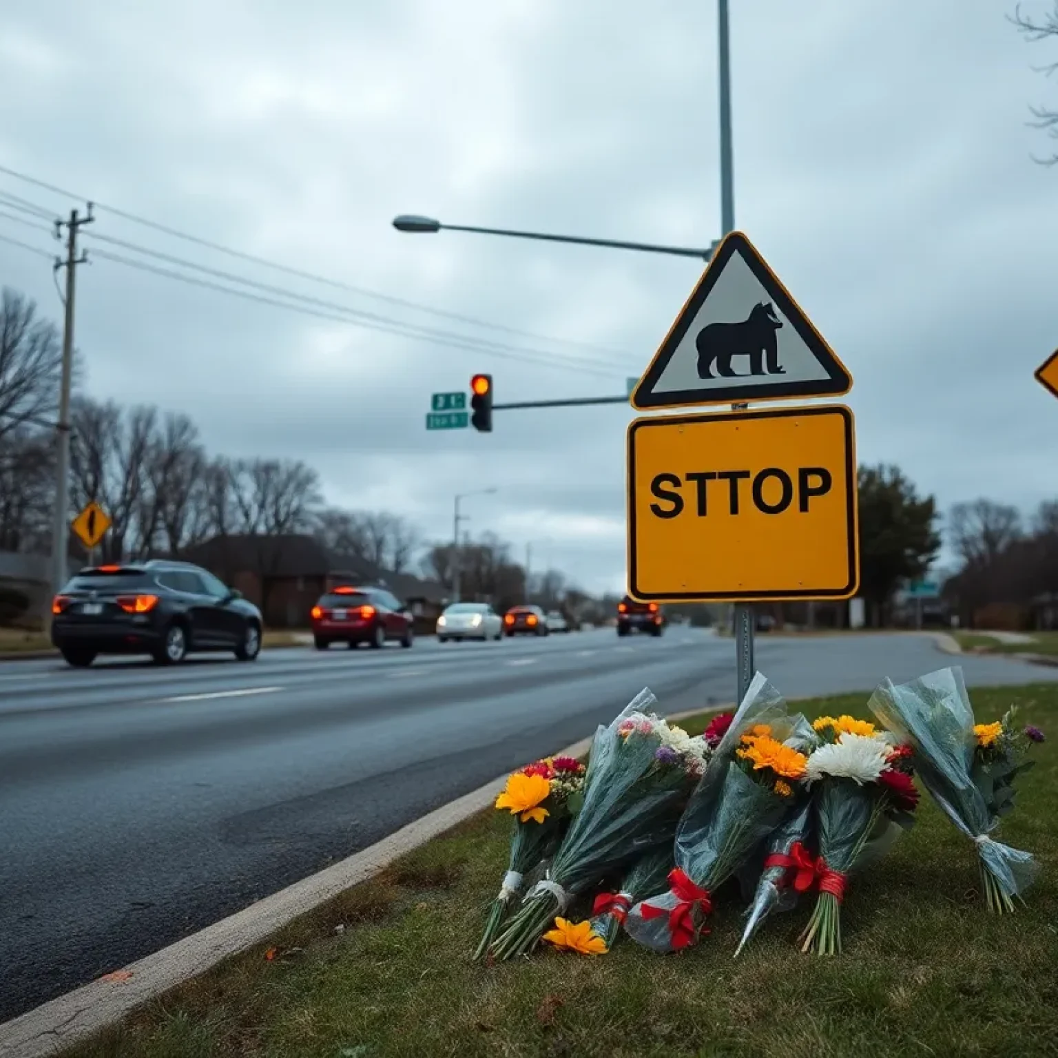Memorial flowers and caution signs at a traffic intersection