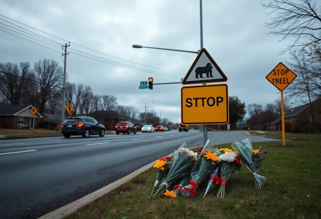 Memorial flowers and caution signs at a traffic intersection