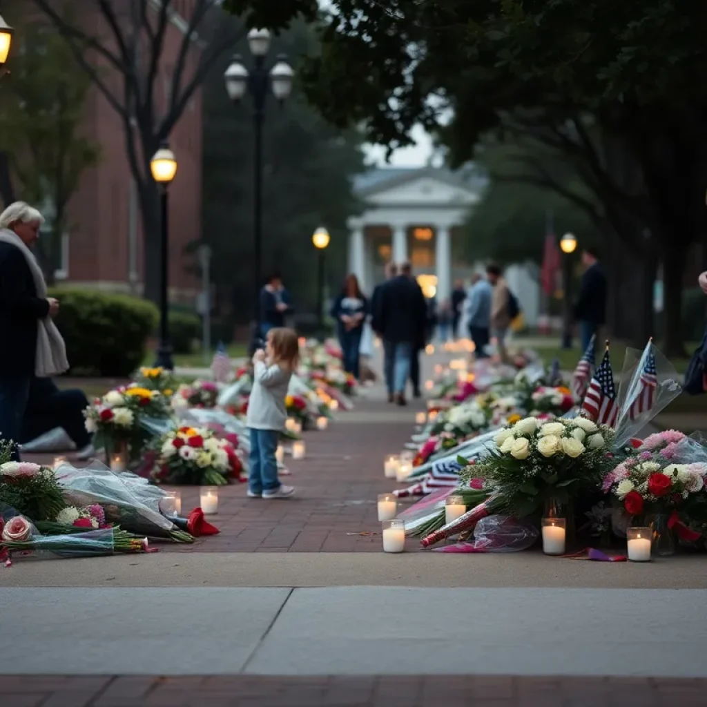 Vigil set up for the victim of a hit-and-run accident on a college campus.