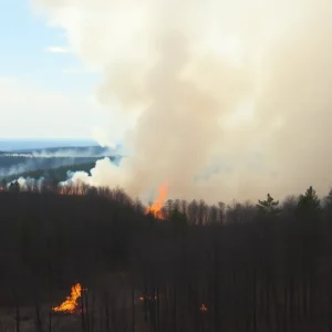 Aerial view of wildfires in NC and SC with firefighters working to contain the flames.