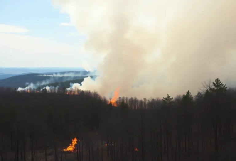 Aerial view of wildfires in NC and SC with firefighters working to contain the flames.