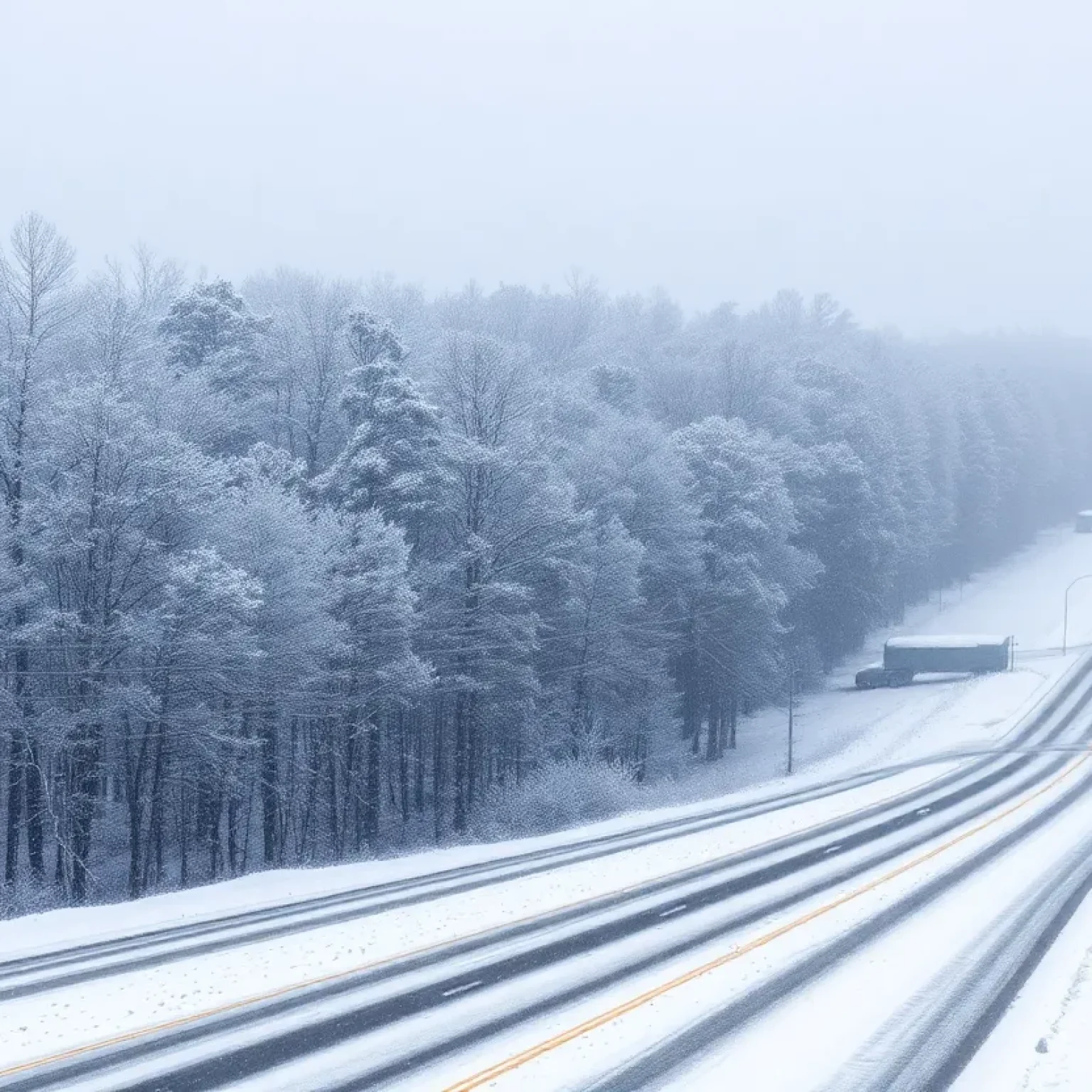 Snow covered road in South Carolina during winter storm