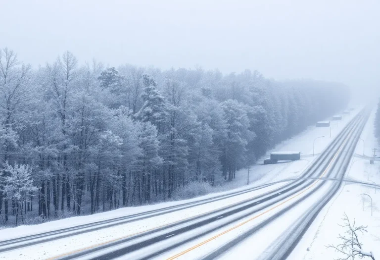 Snow covered road in South Carolina during winter storm