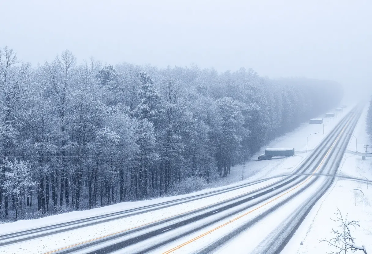 Snow covered road in South Carolina during winter storm