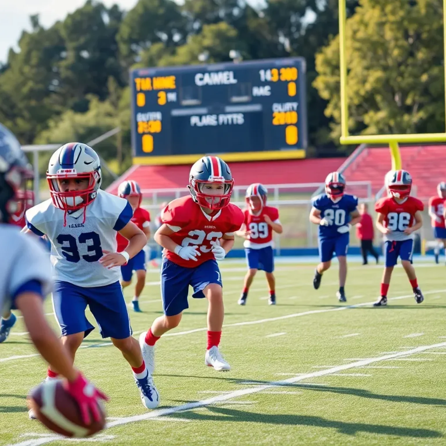 Young athletes practicing on a football field