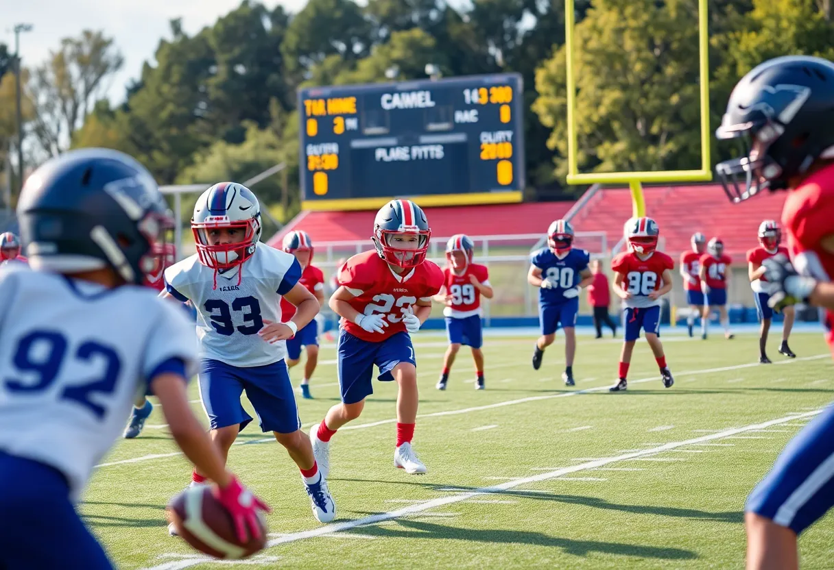 Young athletes practicing on a football field