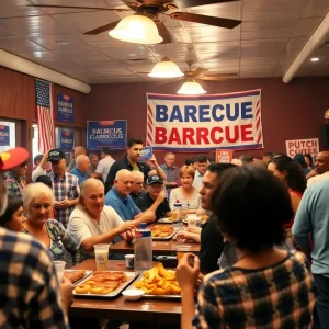 Scene from Alan Wilson's campaign launch event at a barbecue restaurant
