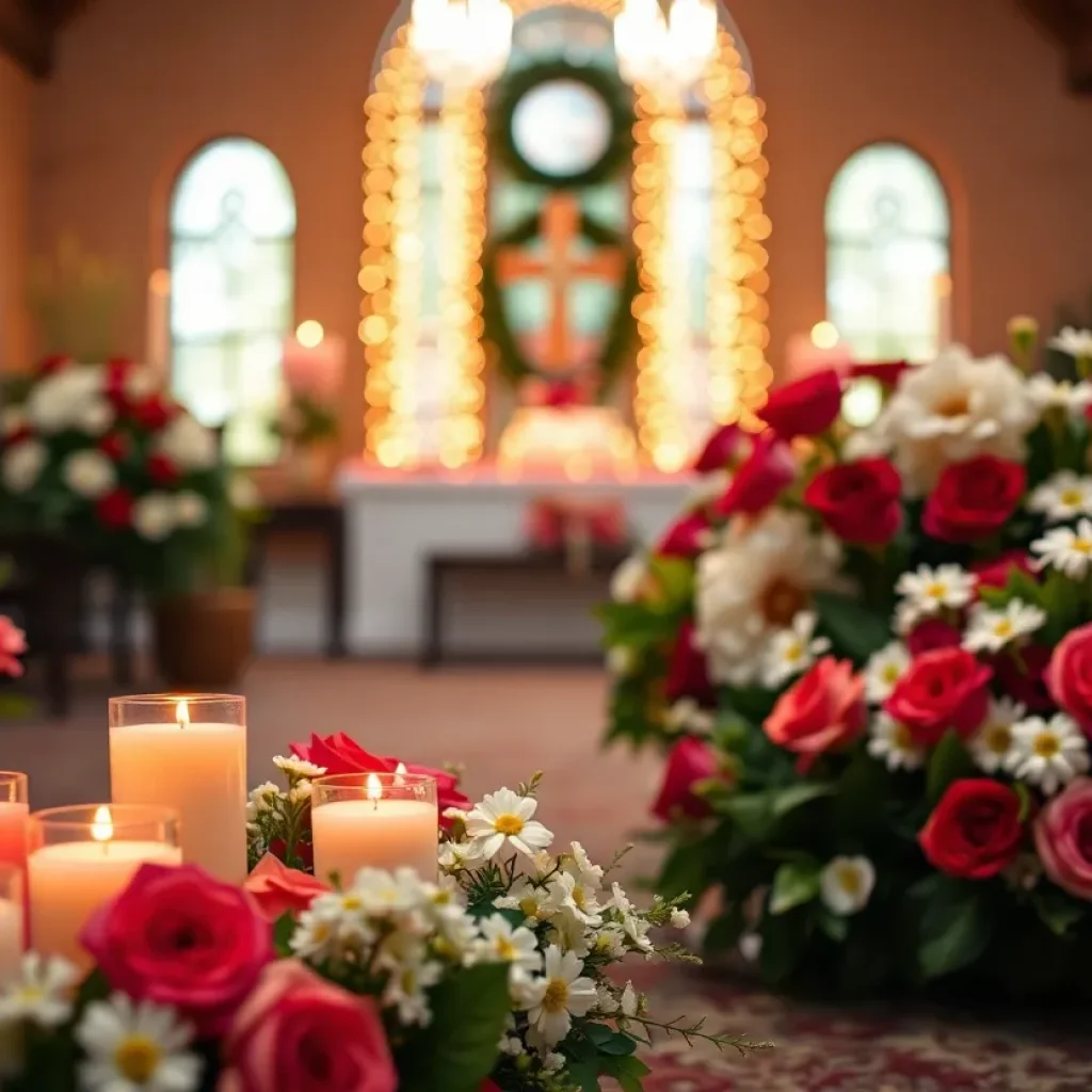 A peaceful memorial setup with flowers and candles in honor of a beloved community member.