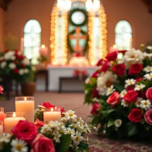 A peaceful memorial setup with flowers and candles in honor of a beloved community member.