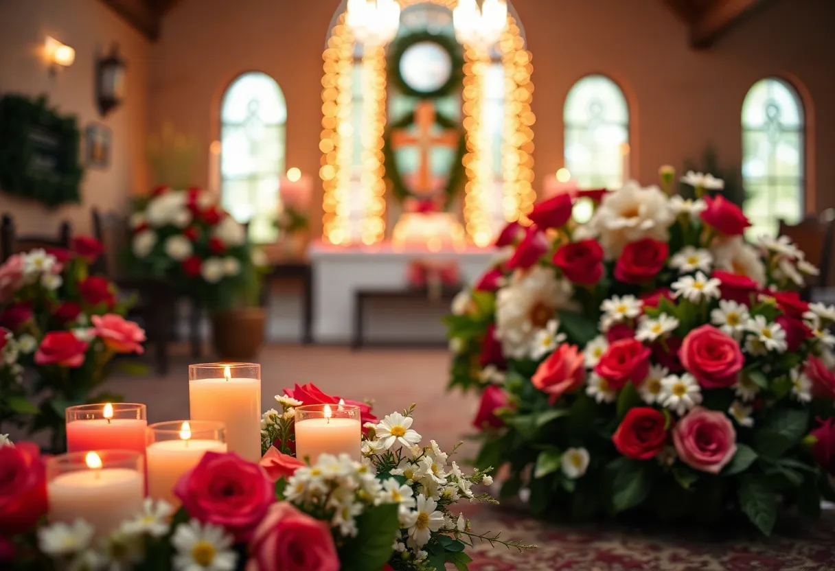 A peaceful memorial setup with flowers and candles in honor of a beloved community member.