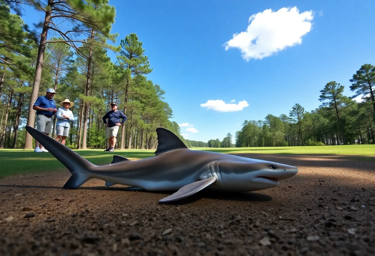 A baby hammerhead shark resting on grass near a disc golf course.