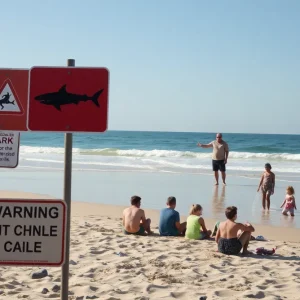 Warning signs on a beach about potential shark sightings