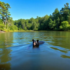 A black bear swimming in Lake Greenwood surrounded by natural scenery.