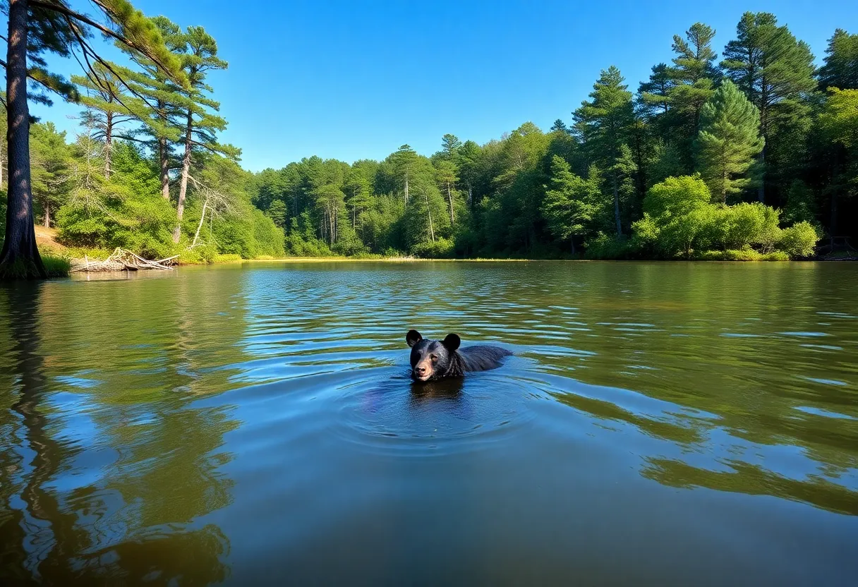 A black bear swimming in Lake Greenwood surrounded by natural scenery.