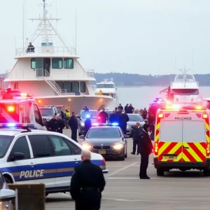 Police and ambulances at the dock following a boat shooting incident in Little River