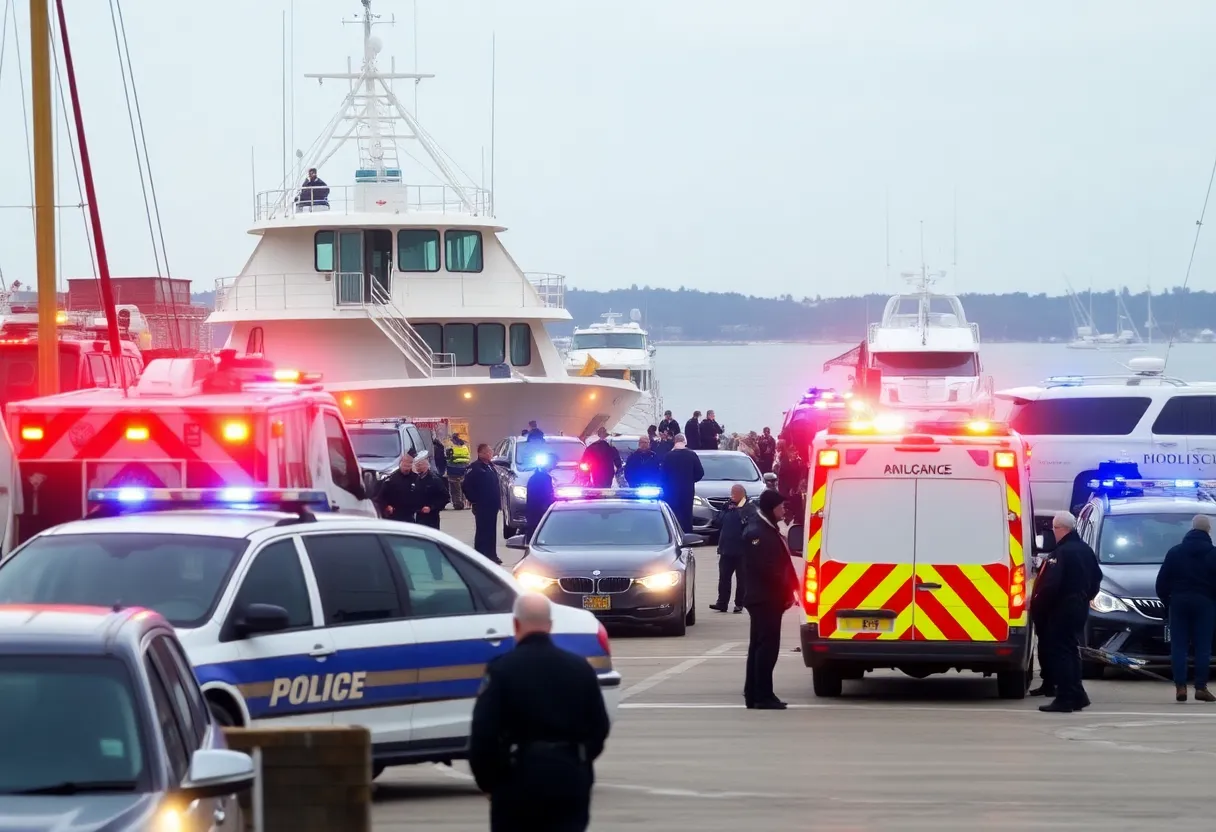 Police and ambulances at the dock following a boat shooting incident in Little River