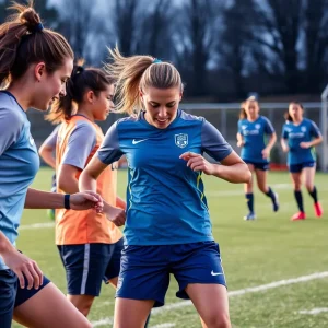 Women soccer players training together on the field