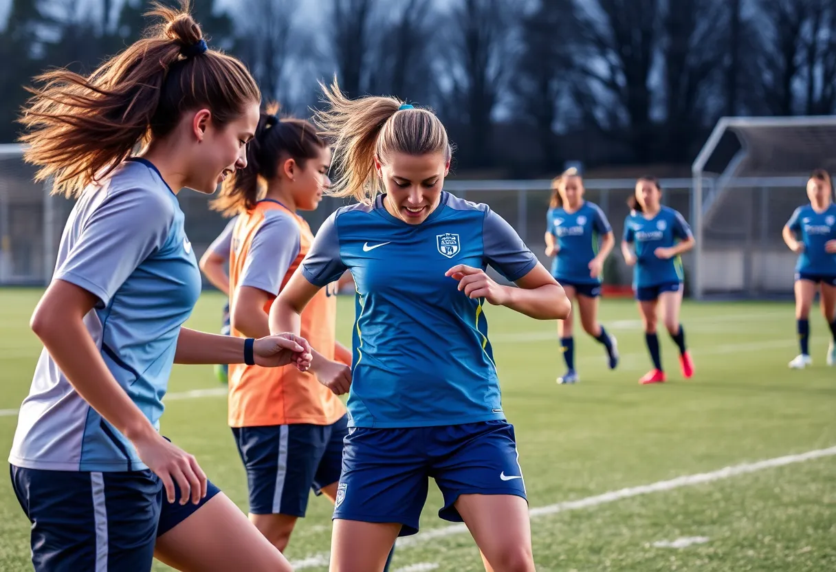 Women soccer players training together on the field