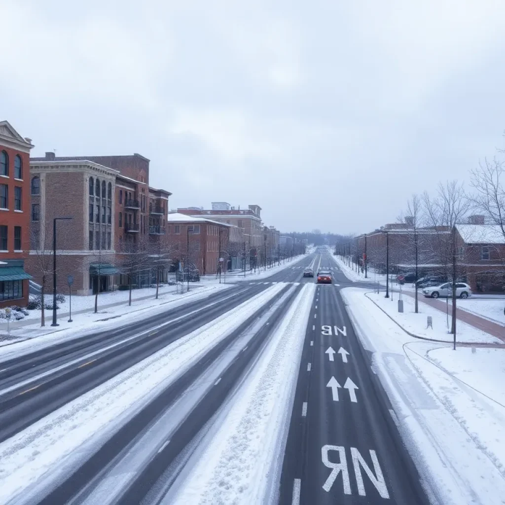 Snow-covered street in Columbia during winter weather