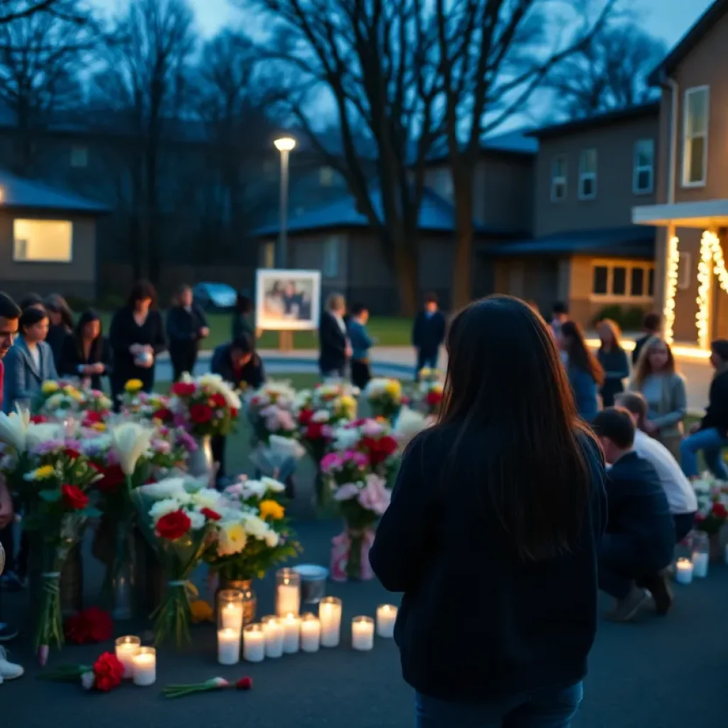 Community members gathered in tribute to a lost student with flowers and candles.