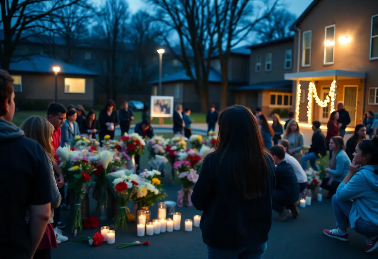 Community members gathered in tribute to a lost student with flowers and candles.