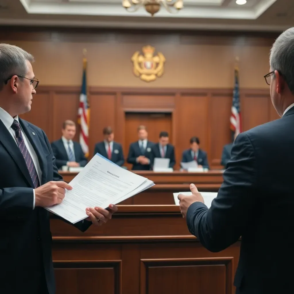 Depiction of courtroom proceedings regarding COVID-19 fraud cases