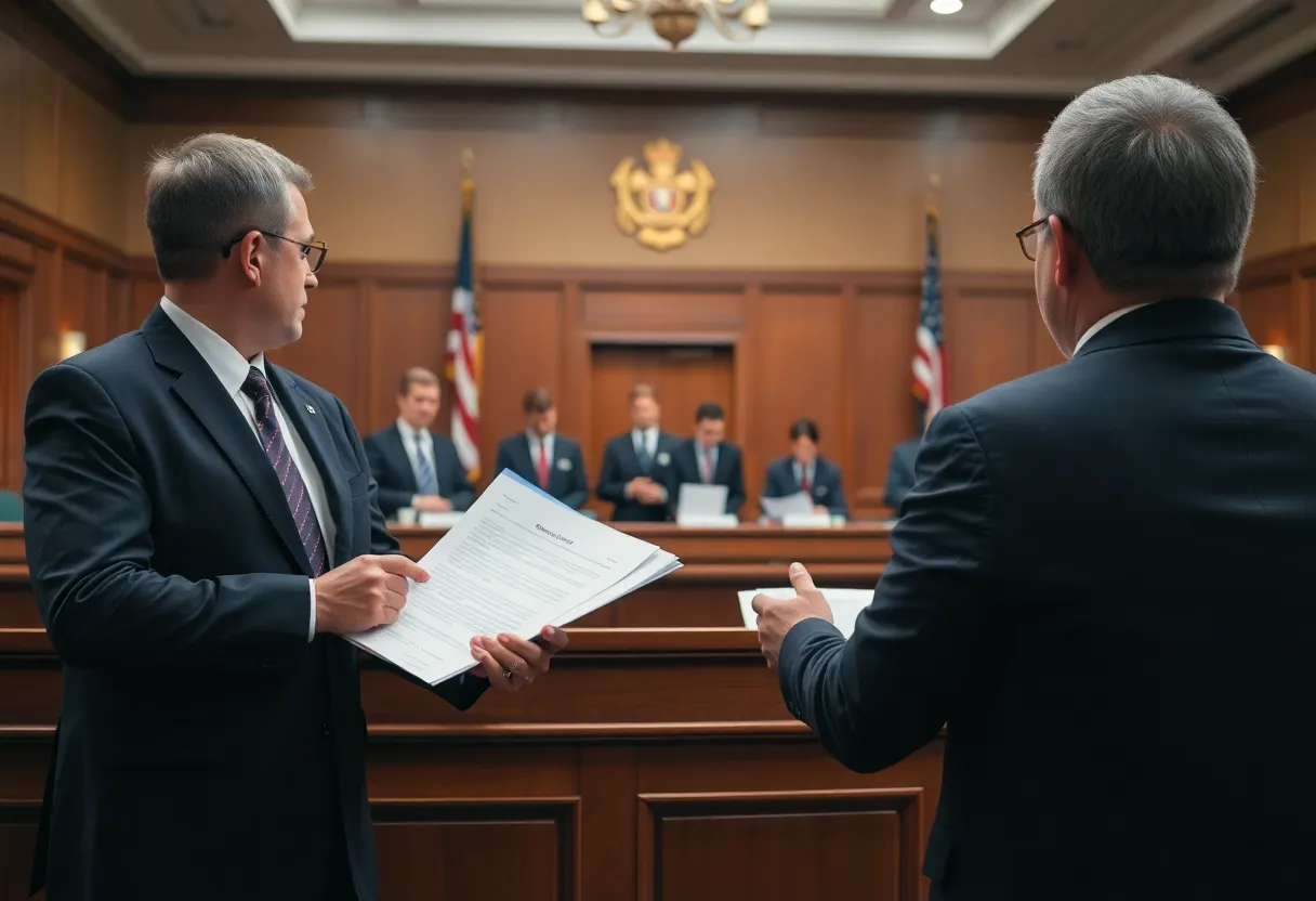 Depiction of courtroom proceedings regarding COVID-19 fraud cases