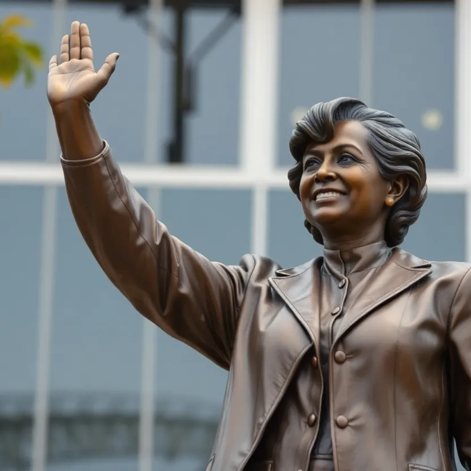 Statue honoring a women's basketball coach at a public event with supporters.