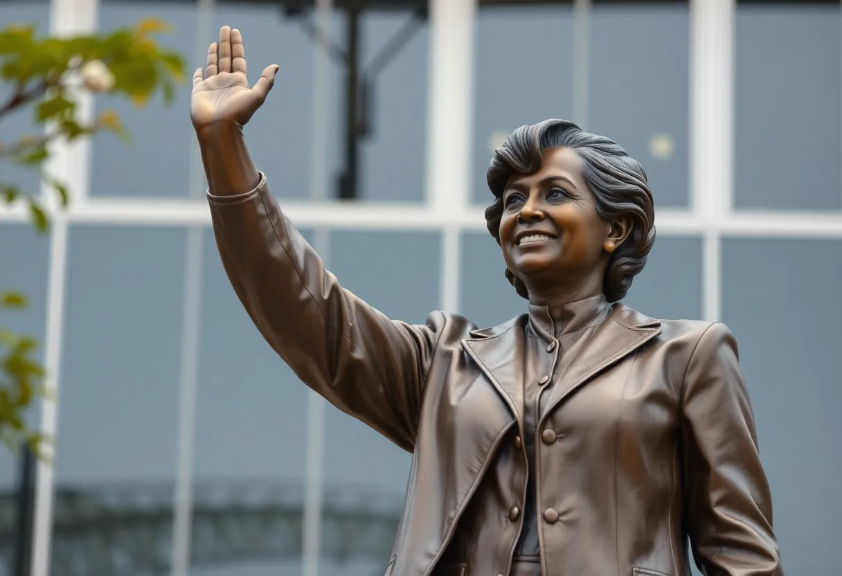 Statue honoring a women's basketball coach at a public event with supporters.