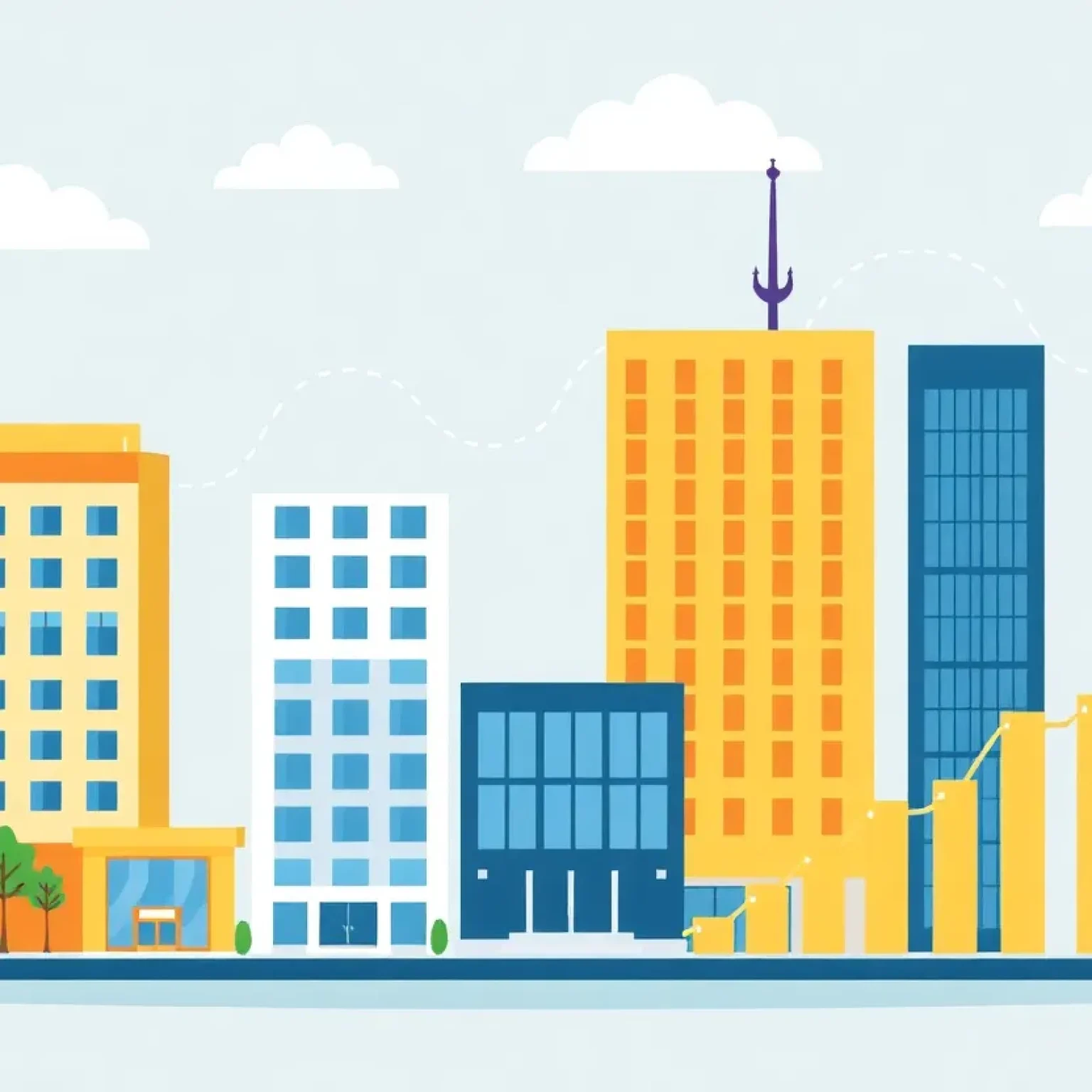 Visual of hotel buildings and growth symbols for Frasers Hospitality Trust