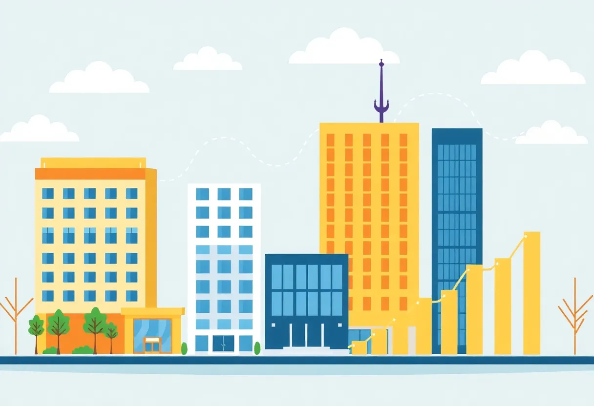 Visual of hotel buildings and growth symbols for Frasers Hospitality Trust