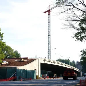 Construction workers at the bridge replacement site in Greenville.